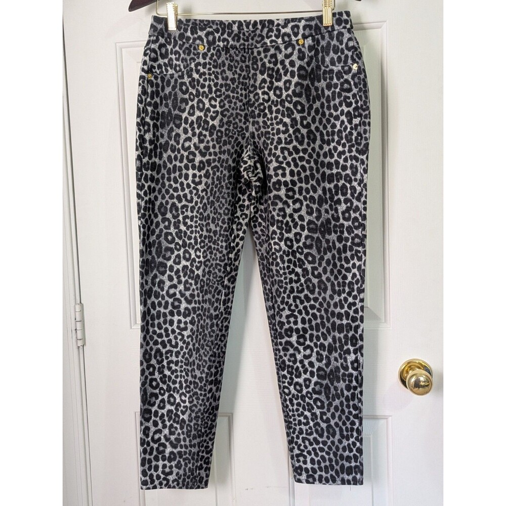 MICHAEL KORS Leopard Jeggings Skinny Pants Womens Medium Black Gray Stretch Logo